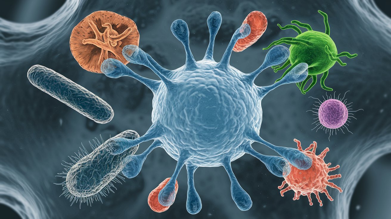 Mikroskopowa struktura mikroorganizmu, ilustrująca działanie biologiczne spirolaktonu, takie jak działanie przeciwbakteryjne, przeciwgrzybicze, przeciwzapalne i przeciwwirusowe